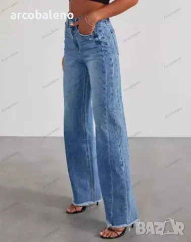 Ликвидация! Широки дамски дънки с протрит подгъв и странични шевове - Доставка 24 часа , снимка 2 - Дънки - 48070386