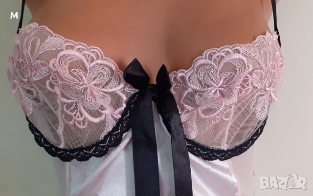Розова сатенена нощница-корсет с жартиери, снимка 2 - Бельо - 36483914