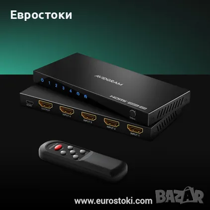 AVIDGRAM HDMI 4K 60Hz 2.0 превключвател 4-в-1 изход, 4 порта,  IR дистанционно