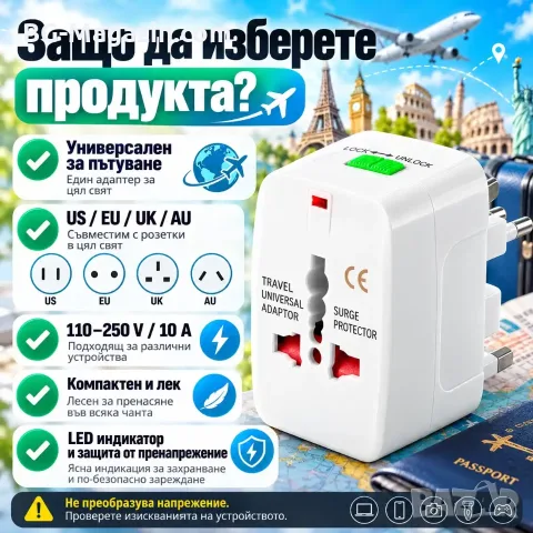 Адаптер за контакти US EU UK AU – Aerbes, снимка 5 - Мрежови адаптери - 56326023
