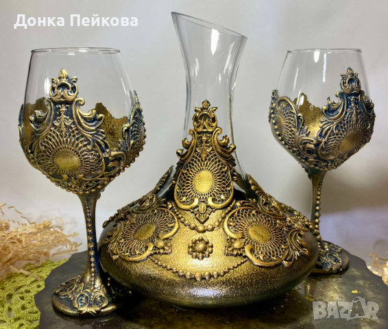 Сет за вино от 3 части декантер с 2 чаши ръчна изработка, снимка 10 - Декорация за дома - 44816490