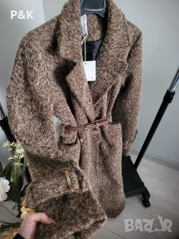 Кафяво палто с колан, снимка 3 - Палта, манта - 52615571