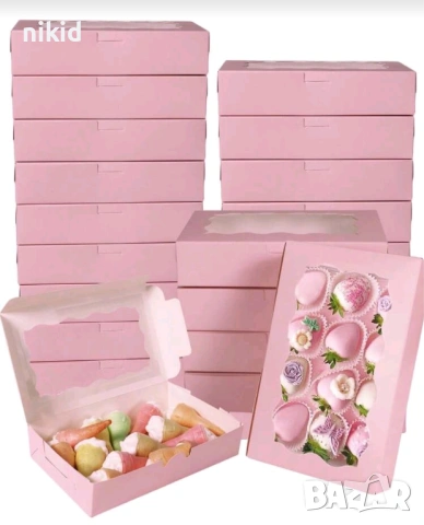 Голяма правоъгълна кутия прозрачен капак бяла розова картонена за лакомства десерти бонбони шоколад