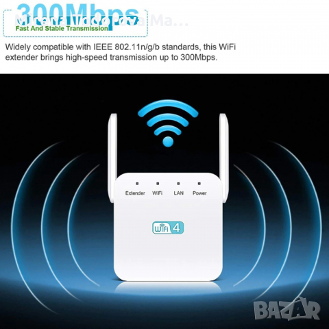 300Mbps безжичен WiFi повторител разширителен усилвател 802.11N Wi Fi, снимка 1 - Рутери - 36328324