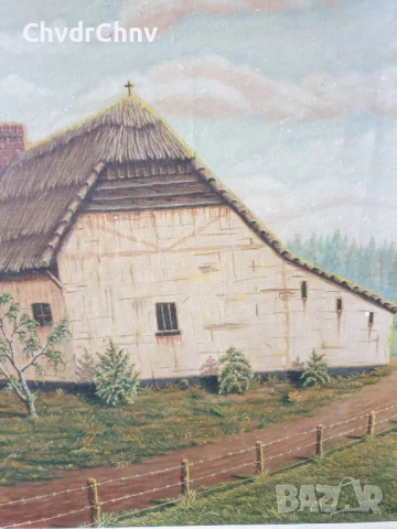 76х56см ферма/голяма картина масло върху платно/къща-хора-кладенец/дървена рамка, снимка 3 - Картини - 50896410