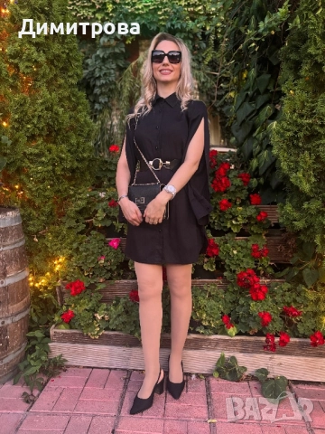 Дамска черна сатен памук рокля риза с колан и отворени ръкави , снимка 6 - Рокли - 49522099