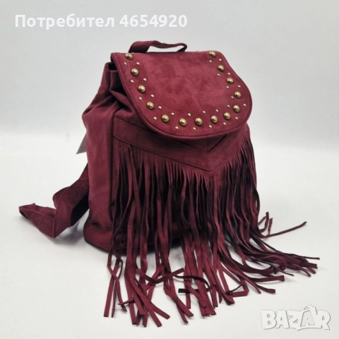 Велурена дамска раница с ресни и метални нитове – бохо стил и практичност, снимка 2 - Чанти - 52467042