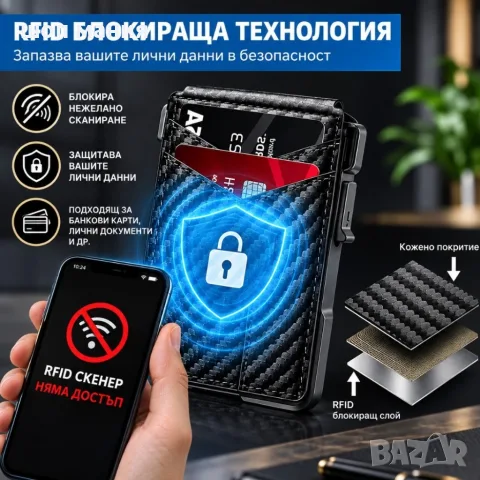 Мъжки портфейл за карти с RFID защита, автоматично изваждане и магнитно затваряне, снимка 7 - Портфейли, портмонета - 55976782