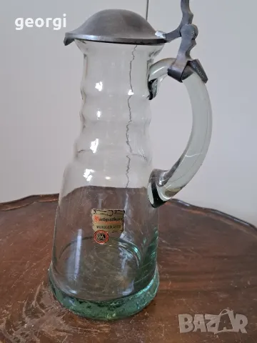 Стара немска стъклена гарафа, декантер с калаен похлупак 18/4