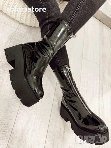 Боти на платформа - черен лак - LT10 