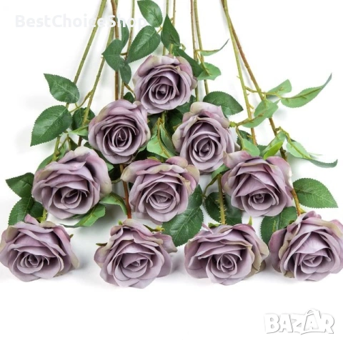 10 бр. изкуствени копринени рози букети за сватби, партита, домашна декорация - есенен лилав, снимка 2 - Стайни растения - 53171597