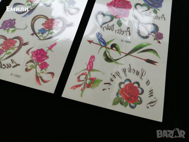 Цветни временни татуировки - различни видове - цена за лист 2,80 лв - рози, сърца, пеперуди, снимка 2 - Други - 44463351