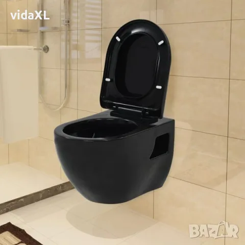 vidaXL Окачена тоалетна чиния, със скрито казанче, керамична, черна（SKU: 3054479）, снимка 2 - Душове - 56063287