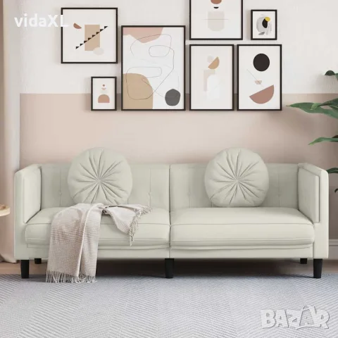 vidaXL Диван с възглавници, 3-местен, кремав, кадифе, снимка 2 - Дивани и мека мебел - 56147461