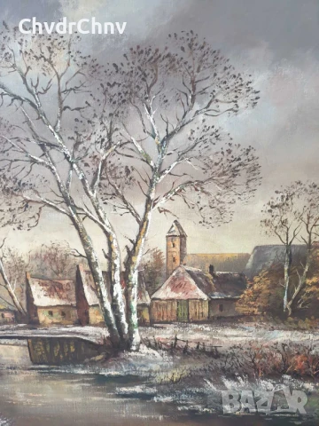 120х90см/стара голяма картина масло върху платно/пейзаж/село-река-мост/дървена рамка, снимка 3 - Картини - 51131255