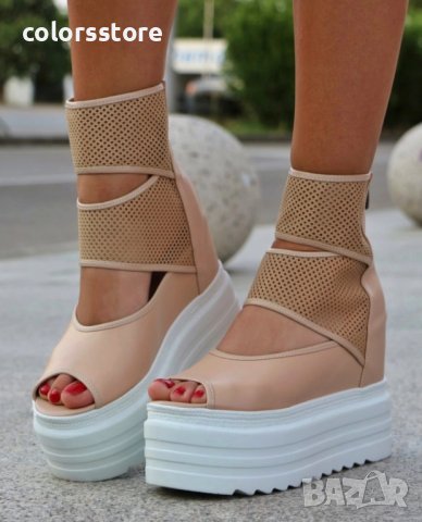 Летни боти на платформа - бежова кожа с бяло ходило - LB70, снимка 2 - Дамски боти - 38111454