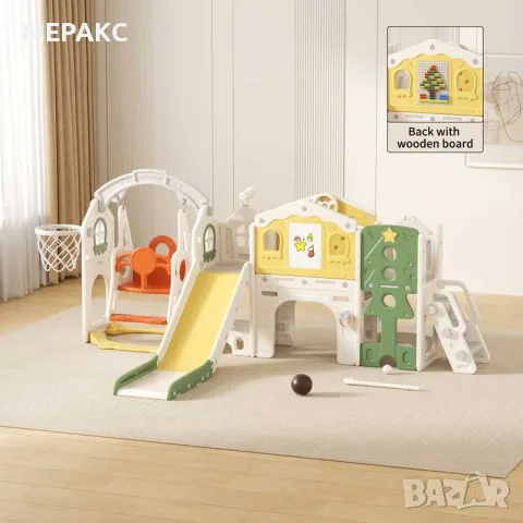 Голям игрови център „Коледна къща“ с пързалка, люлка, баскетболен кош и аксесоари – зелен
