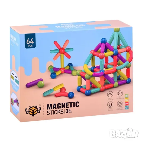 Магнитен конструктор Magnetic Sticks – 64 части, снимка 3 - Игри и пъзели - 55825048