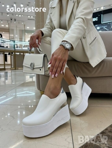 Обувки на платформа - бяла кожа и лак - 615L 