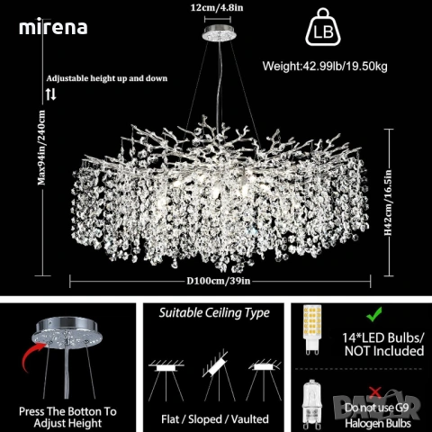Кристални полилеи с клонки, никелирани 80см модерен сребърен ЛЕД LED, снимка 10 - Лампи за таван - 53144535