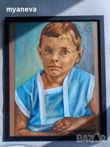 Стара картина , портрет на момче с акварелни бои върху картон в рамка. , снимка 2 - Картини - 50526620