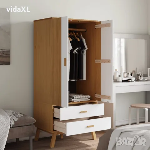 vidaXL Гардероб OLDEN, бял и кафяв, 76,5x53x172 см, борово дърво масив, снимка 4 - Гардероби - 56147299