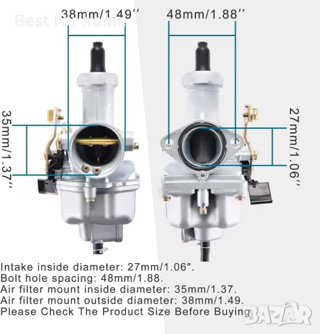 Карбуратор GOOFIT PZ27 за ATV и мотори XR100 CB125 XL125 CM185 ATC185 ATC200 TRX250, снимка 3 - Аксесоари и консумативи - 50138238