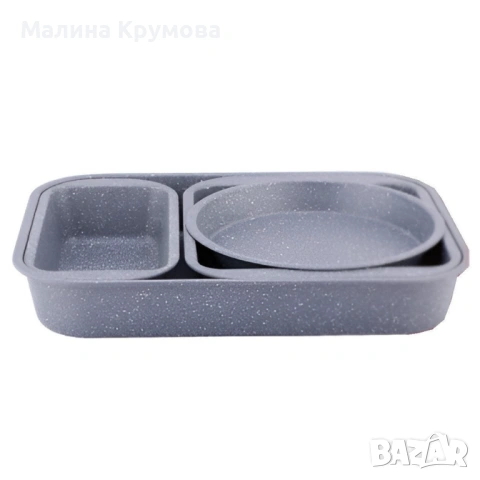 Комплект 4 тави за печене Cheffinger с мраморно незалепващо покритие – различни форми, компактно под, снимка 2 - Съдове за готвене - 53174866