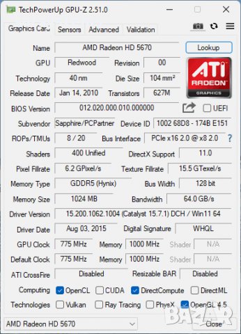 Видео карта AMD Radeon Sapphire HD 5670 HDMI 1024MB GDDR5 128bit PCI-E, снимка 9 - Видеокарти - 39267308