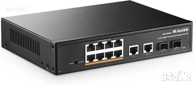 НОВ 12-портов PoE swich суич, 8 GE PoE+, 2 GE Uplink, 2 Gigabit SFP, 120 W 802.3af/at, безшумен, снимка 1 - Суичове - 48170133