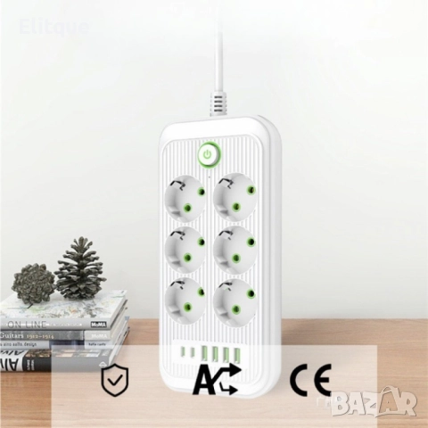 Разклонител 220V с 6 гнезда, 4 USB порта + 2xType C, Digital One SP00985, Бял, 1.5 м, 2500W, с ключ, снимка 5 - Други стоки за дома - 52594718