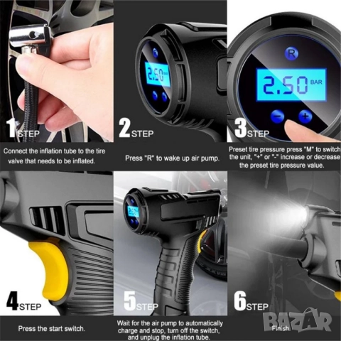 Акумулаторен компресор за гуми - компактен, интелигентен, с ергономичен дизайн , снимка 11 - Аксесоари и консумативи - 52099167