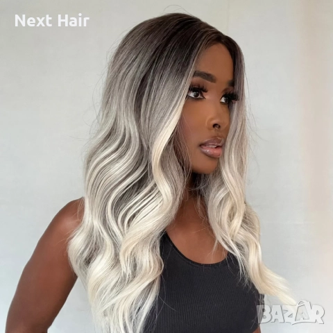 Омбре перука със средна дължина — тъмни корени и пепеляво светлоруси краища, чуплива текстура, снимка 3 - Аксесоари за коса - 52897865