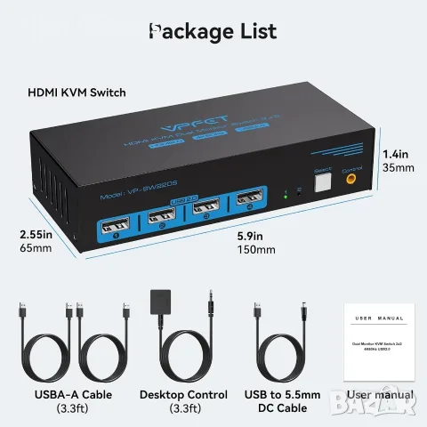 CMSTEDCD SW220S HDMI KVM Switch 2 компютъра / 2 монитора – 4K 60Hz, Dual Monitor, USB 2.0, снимка 7 - Кабели и адаптери - 56081562