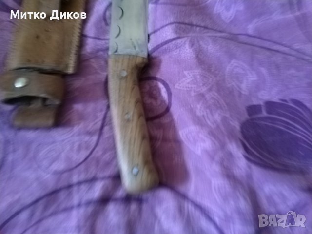 Ловен нож голям  с нов калъф естествена кожа 320х190мм дървена дръжка бряст с точило, снимка 2 - Ножове - 38518181