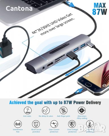 USB C Hub 8 в 1, 4K HDMI, 3xUSB 3.0, PD 87 W, Audio jack, SD/TF четец