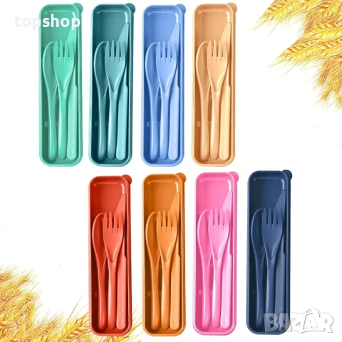 НОВИ комплект дебели пластмасови прибори за многократна употреба в кутийки, 8 комплекта. Включва...