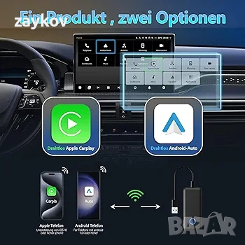 Sanyee Wired to Wireless Carplay & Android Car 2 in 1 адаптер, снимка 2 - Аксесоари и консумативи - 44560692