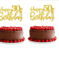 Happy Birthday 30 50 години юбилей златист брокатен картонен топер за торта рожден ден годишнина , снимка 1 - Други - 44784053