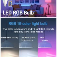 LED RGB крушка,16-цвята,E27 Основа 220V,10W Димируемо 24-клавишно дистанционно управление, снимка 3 - Крушки - 41225825