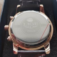 LIGE Black Gold Leather 9866 Луксозен мъжки кварцов часовник с кожена каишка, снимка 6 - Мъжки - 39848827