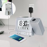 Прожекционен часовник с термометър, влагомер, USB слот,календар и будилник , снимка 3 - Стенни часовници - 39223622