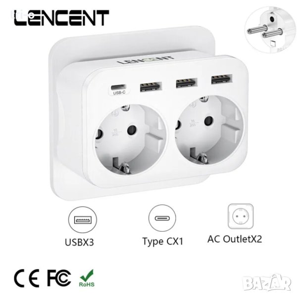 LENCENT Разклонител, адаптер 6-в-1 2хAC, 3 USB порта и 1 Type C, снимка 1