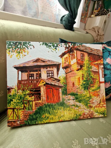Прекрасна Картина с Пейзаж от Български Етно Къщи / Домашен Уют в Цветове !, снимка 1