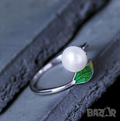 Дамски пръстен с перла и листо, снимка 1