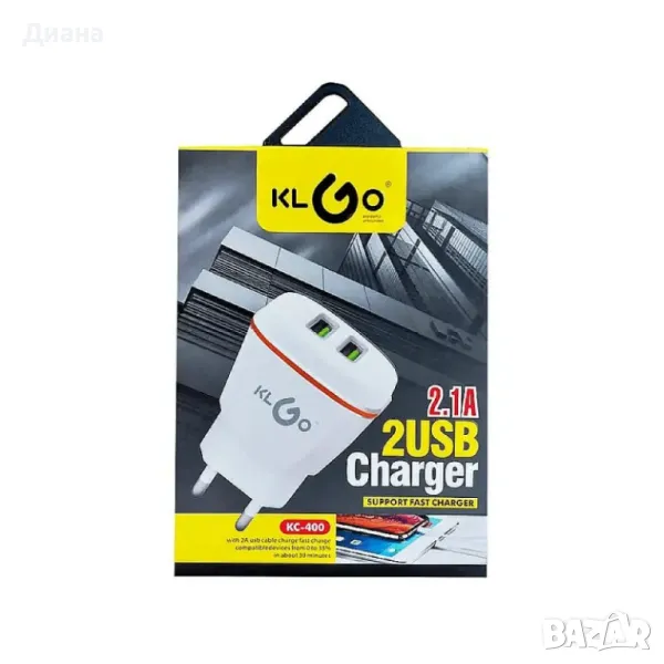 Адаптер с 2 USB порта KLGO KC-400 и функция за бързо зареждане, снимка 1