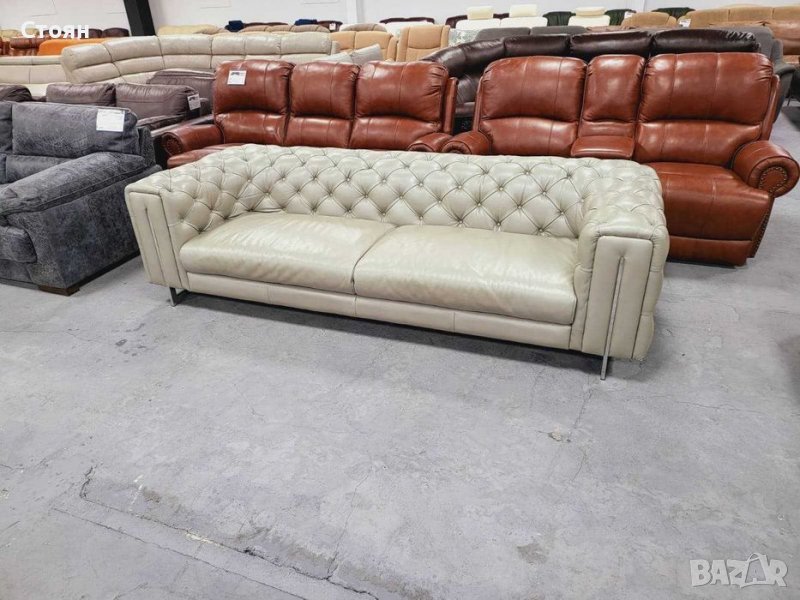 Голям сив кожен диван Честърфийлд - естествена кожа, снимка 1