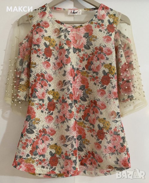 Маркова бутикова ефектна блузка с приказна декорация и прозрачни елементи в свеж флорален десен, снимка 1