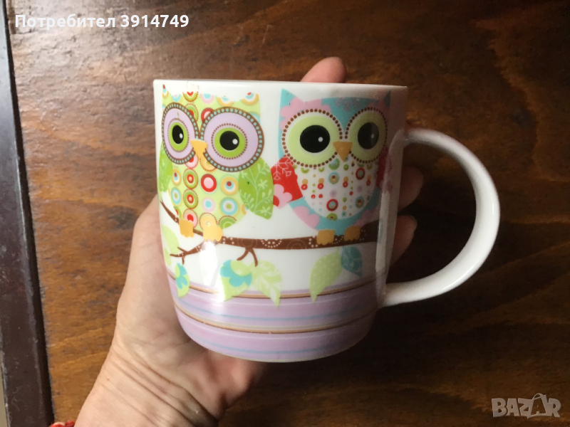 Чаша керамична за кафе, чай с артизански принт на Бухал / Сова, 320 мл, НОВА, снимка 1