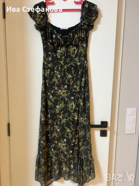 Нова елегантна буфан ръкав еластична  цепка дълга романтична рокля нежен флорален принт , снимка 1